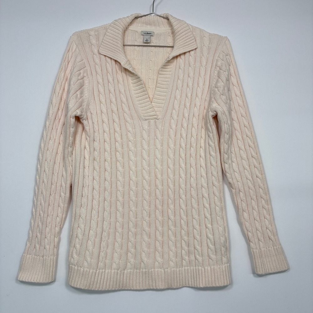 L.L. Bean Womens Sweater Large Cream Cable Knit V-Neck Cotton Pullover Fisherman